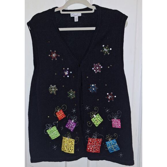 Kim Rogers XL Black Christmas Vest With Gift Packages & Sequins Festive Party - Picture 1 of 4